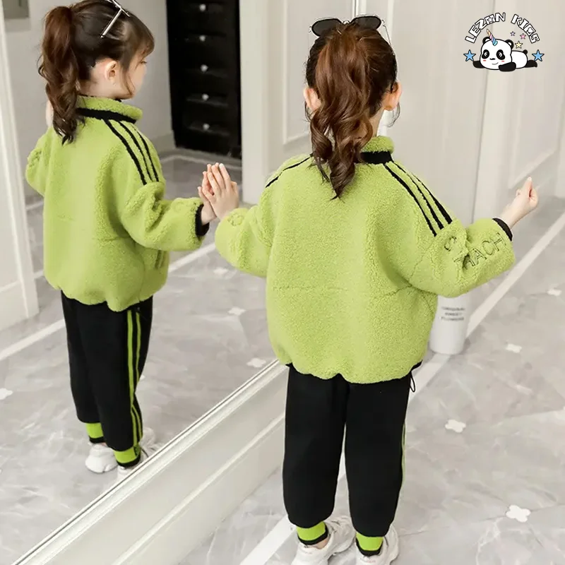 LEZONKIDS - Conjunto de Roupas de Treino para Meninas de 2 a 14 Anos, Uniforme de Fleece Polar Sólido para Outono e Inverno